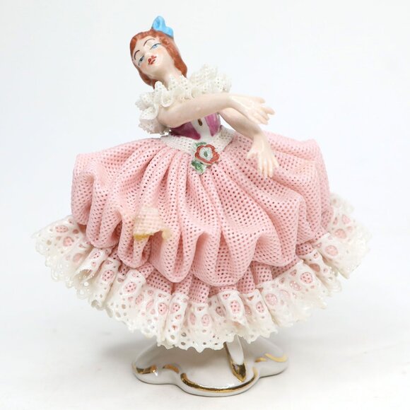 Vintage Dresden Lace Ballerina Figurine Pink Skirt Porcelain Collectible - Picture 2 of 8